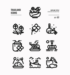 Thailand line icon set 3. Include food, flower, festival, landmark and more. Outline icons Design. vector