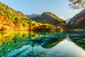 Amazing view of the Five Flower Lake among scenic mountains