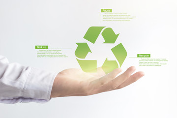 Hand holding virtual effect recycle icon, Global warming solution, Environment concept