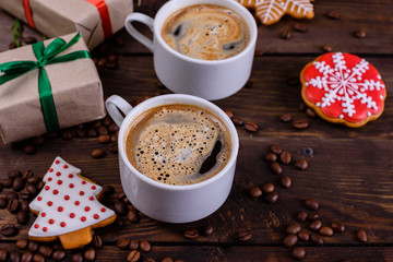 Christmas morning with fragrant coffee, gifts, gingerbread and the festive atmosphere