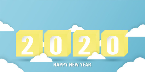 Happy new year 2020, year of the rat. Template design for cover book, banner, invitation, poster, flyer. Vector illustration in paper cut and craft style.