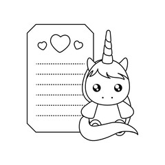 cute little unicorn baby in card with hearts decoration