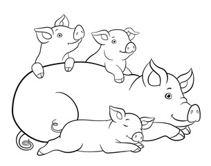 Coloring pages. Mother pig lays with her three little cute piglets.
