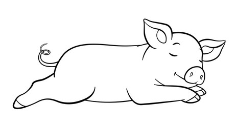 Coloring pages. Little cute piglet sleeps and smiles.