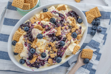 home made vanilla cheesecake ice cream with blueberries and cookies on a old table