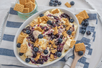 home made vanilla cheesecake ice cream with blueberries and cookies on a old table