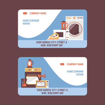 Service repairment vector visiting card. Repair of household appliances. Washing machine, stove, iron, kettle repairing services concept. Business card template.