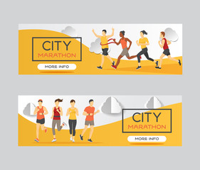 Marathon runners race group vector illustration. Running men and women at finish of marathon race, win, sprint. Landing page design template of run competition, banner.