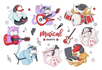 Vector set of funny little musical characters with different instruments