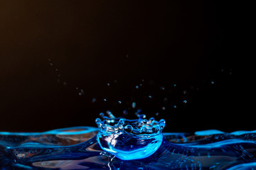 Fototapeta na wymiar Drop of water, blue water drop, water splash close-up