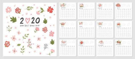 Calendar 2020. Cute and creative calendar with hand drawn spring flowers in pots and cups. Redy to print. Vector illustrations