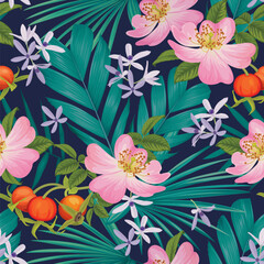 Seamless tropical pattern of rose hip flowers with fruit and palm leaf background. Vector set of exotic tropical garden for holiday invitation, greeting card and textile fashion design.