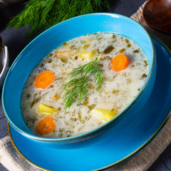 Polish sour cucumber soup or salt cucumber soup.