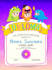 Certificate kids diploma, kindergarten template layout on colorful background frame design vector. education preschool concept with kids in monster costume.