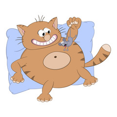 Funny cartoon red cat is lying on the pillow, smiling and holding a mouse in its paw.