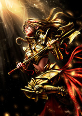 Elven girl paladin in Golden armor, surrounded by light, runs into battle with a Mace in his hands. 2D Illustration.
