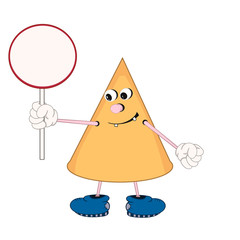 Funny cartoon yellow cone with eyes, arms and legs, holding a round plate in his hand and smiling