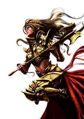 Girl with a hammer in gold armor , running into battle.