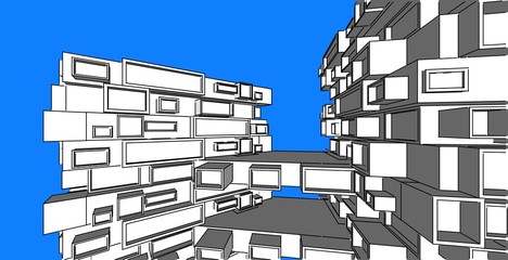 3D illustration architecture building perspective lines.