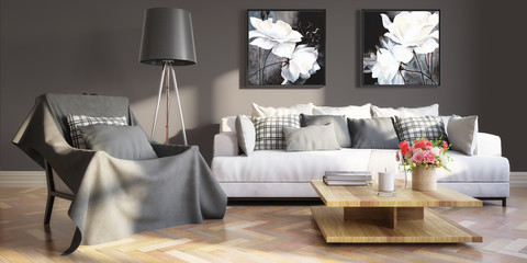 Cute living room interior with paintings - 3d illustration