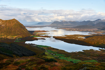 View from above over the landscape on Lofoten Islands