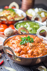 Different bowls with assorted indian food on dark wooden background. Chicken, curry rice, lentils, paneer, chapati and spices.