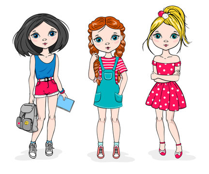 Three hand drawn fashion girl. Summer casual style. Isolated cartoon friends on the white background. Vector illustration.