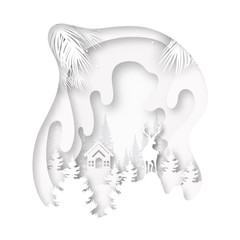 Paper cut of white little cottage and deer in the wild on winter season landscape and merry christmas background vector illustration.