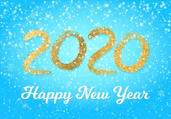 Obraz na płótnie Canvas 2020 happy new year postcard with falling snow on blue sky, frozen numbers 2020, snowdrifts, flat style design vector illustration on gradient background. Year of the metal rat.
