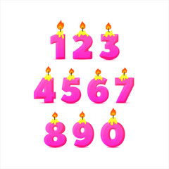 Fototapeta na wymiar Set of colorful birthday candle numbers. Wick and fire. Vector illustration. BOLD HAND DRAWN FONT