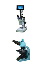 two modern stereoscopic microscope isolated on white background