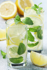 Lemon and mint refreshing cocktail with ice cubes	