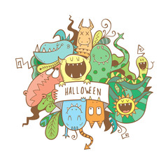 Halloween card with cute cartoon monsters. Print with a fantastic creature. Vector contour colorful  image.