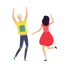 Dancing people isolated on white. Vector cartoon man in yellow t-shirt and woman in back view, dancer in red dress. Happy couple on disco having fun