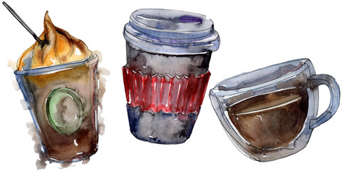 Hot and cold coffee drinks. Watercolor background illustration set. Isolated drinks illustration element.