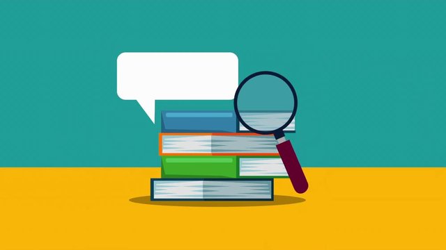 pile books with magnifying glass hd