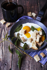 Eggs and breadcrumbs breakfast on wooden table
