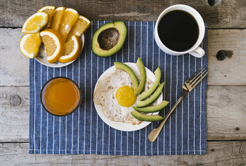 Flat lay delicious  breakfast arrangement