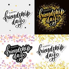 Vector illustration of hand drawn happy friendship day felicitation in fashion style with lettering text sign and color triangle for grunge effect isolated on white background