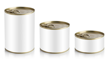 Set of metal tin cans with blank labels, isolated on white background