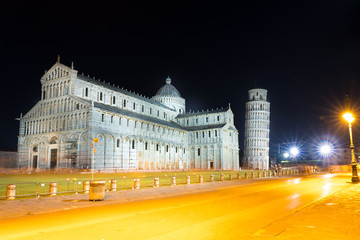 Pisa Cathedral and leaning tower of Pisa Italy at night