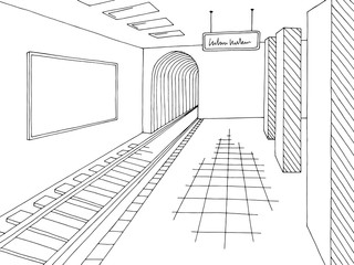 Subway station platform graphic black white interior sketch illustration vector