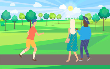 Running man and walking girls, passerby in park, sporty man wearing sportswear and women in casual clothes going on road outdoor near trees vector