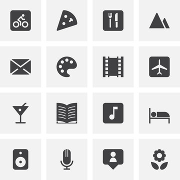 Entertainment vector icons set, modern solid symbol collection, filled style pictogram pack. Signs, logo illustration. Set includes icons as travel, restaurant, plane, music, movie, hotel, chat, drink