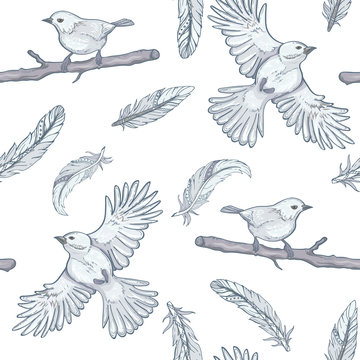seamless pattern with feathers and birds © Hmarka