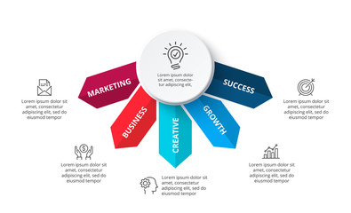 Five arrows infographic elements with circles. Business template for presentation. Vector concept with 5 options or steps.