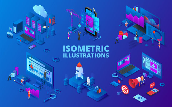 Set Of Isometric Illustrations. Startup, Digital Marketing, Seo Analysis And Cloud Technology. Dark Blue Background.