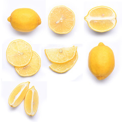  Set of fresh whole and cut lemon and slices isolated on white background. From top view