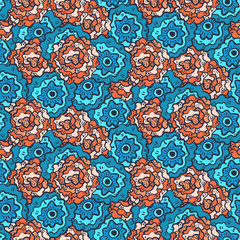 Bright seamless pattern full of hand drawn doodle blue and orange flowers. Cute rose flower background for textile, wrapping paper, cover, surface, wallpaper