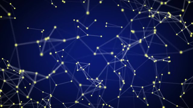 abstract animation 3d render made of plexus structure with yellow atomic particles on blue background. mind brain nerve connections or universe infinity with space dust, stars and constellations